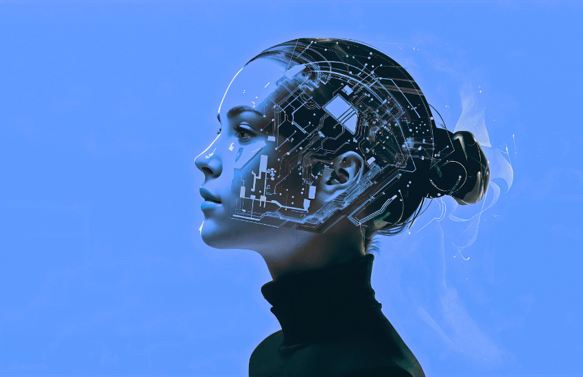 Volto femminile con circuiti digitali, rappresentazione dell'intelligenza artificiale nell'era dell'assistente virtuale.