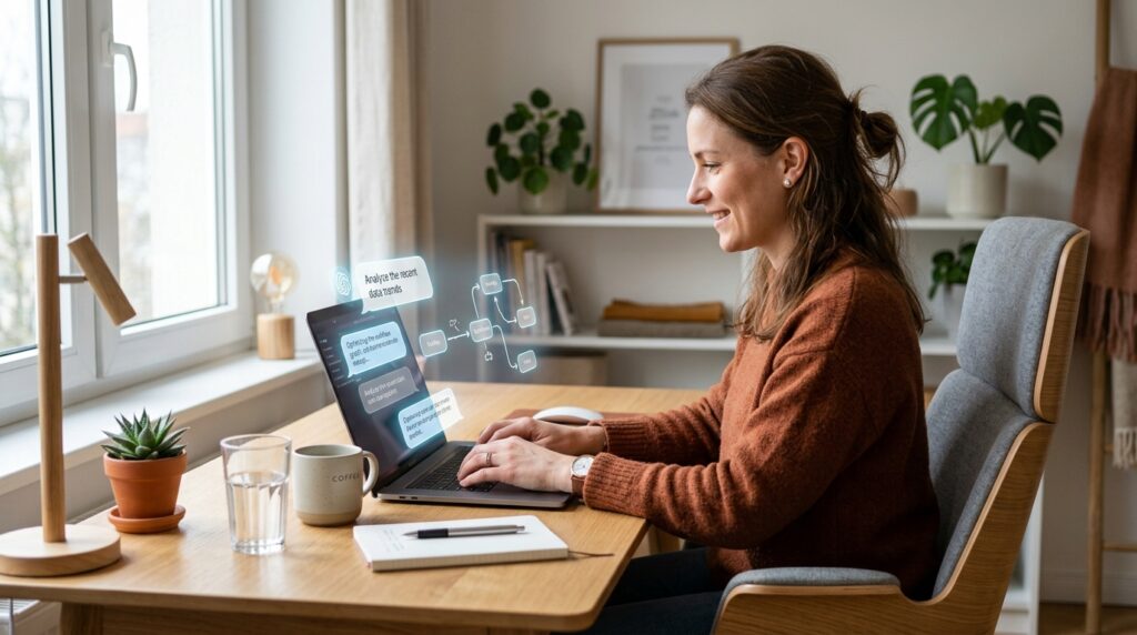 Assistente virtuale donna che lavora al laptop confrontando strumenti AI