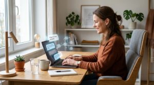 Assistente virtuale donna che lavora al laptop confrontando strumenti AI
