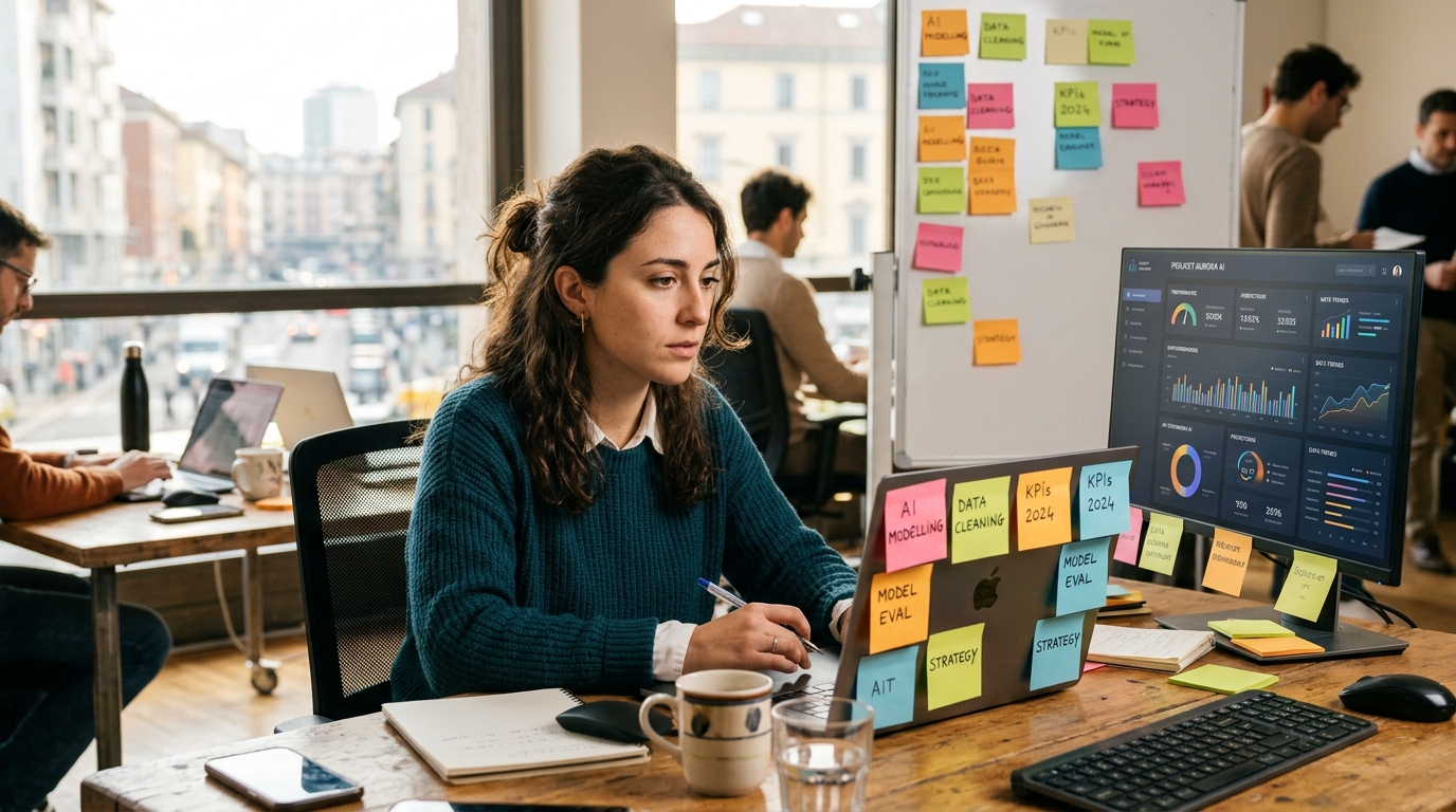 Freelance che studia il futuro del lavoro da remoto con strumenti digitali e AI