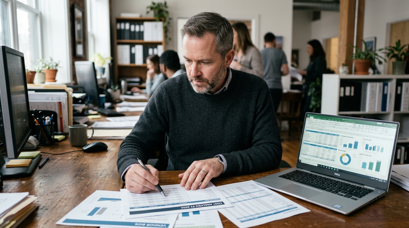 Titolare di PMI italiana che confronta i costi tra assumere una dipendente e una VA freelance