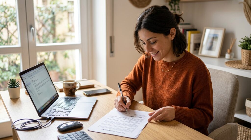 Assistente virtuale italiana firma contratto freelance alla scrivania di casa