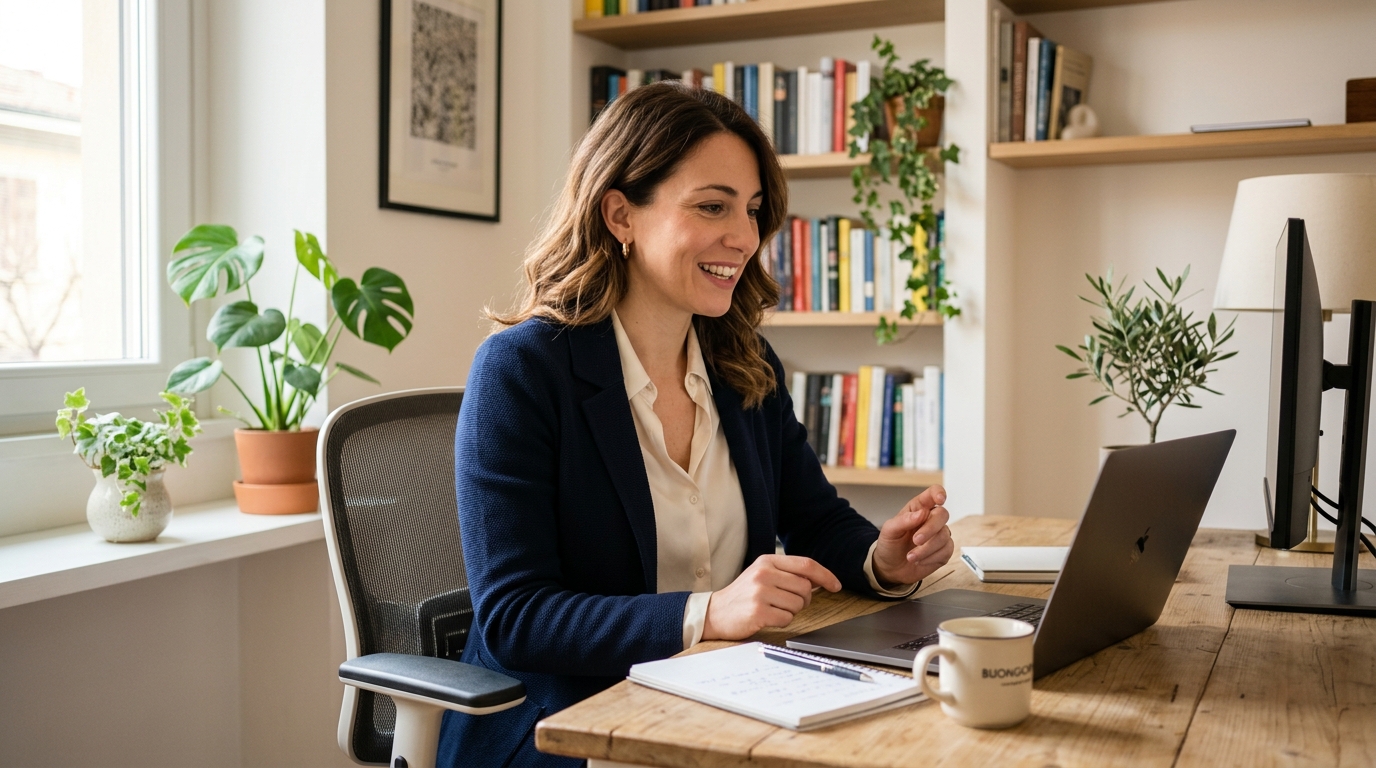 Assistente virtuale italiana lavora da remoto con cliente in videochiamata