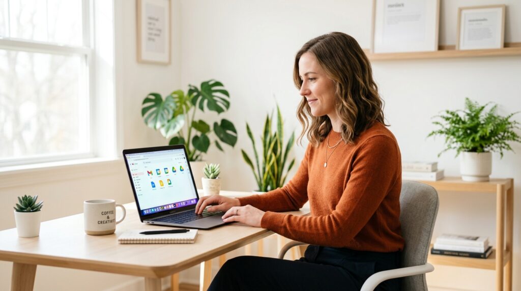 Assistente virtuale che utilizza Google Workspace e Gemini AI su laptop in ufficio moderno