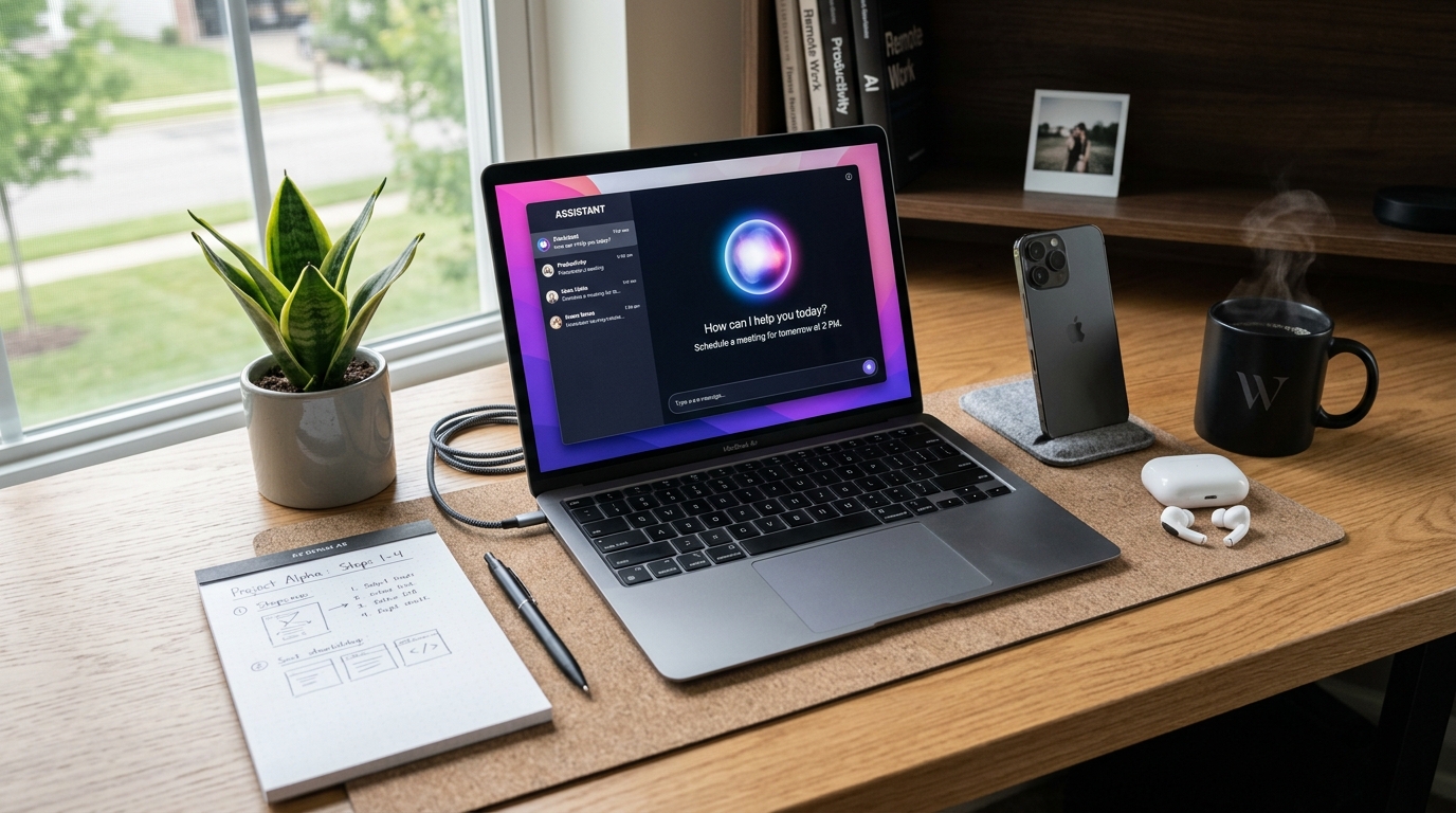 Setup da lavoro digitale con strumenti di produttività AI per smart working e assistenza virtuale