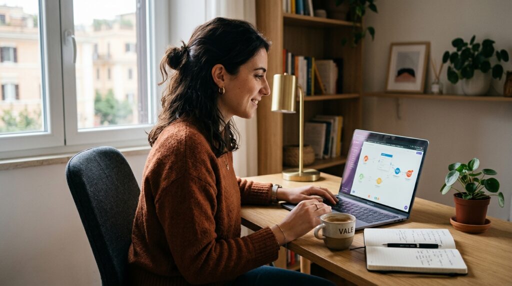 Assistente virtuale italiana che configura workflow di automazione su laptop con n8n