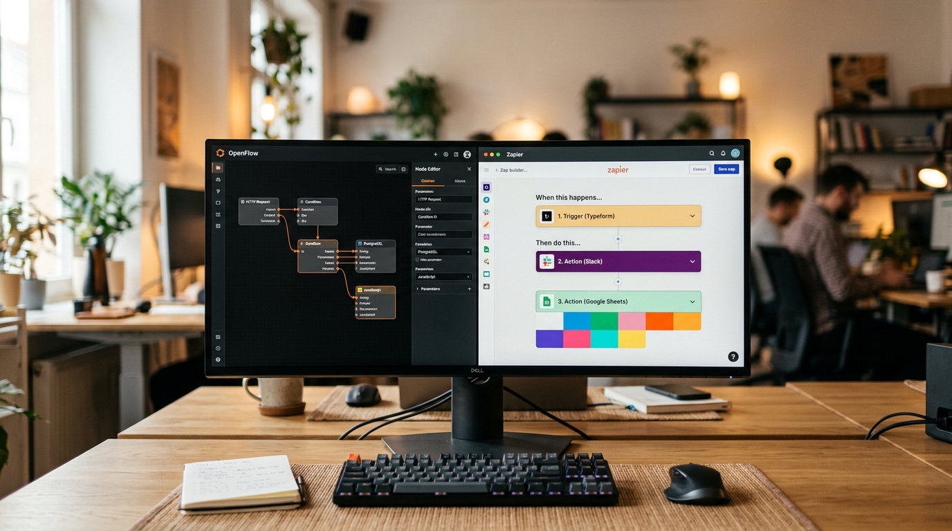 Confronto visivo tra n8n e Zapier su schermo di computer per automazioni VA