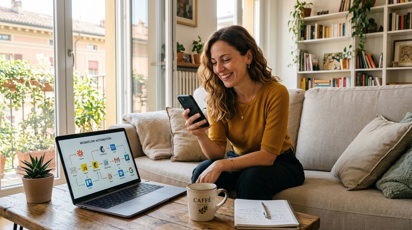 Freelance italiana soddisfatta che recupera tempo grazie alle automazioni n8n nella sua giornata lavorativa